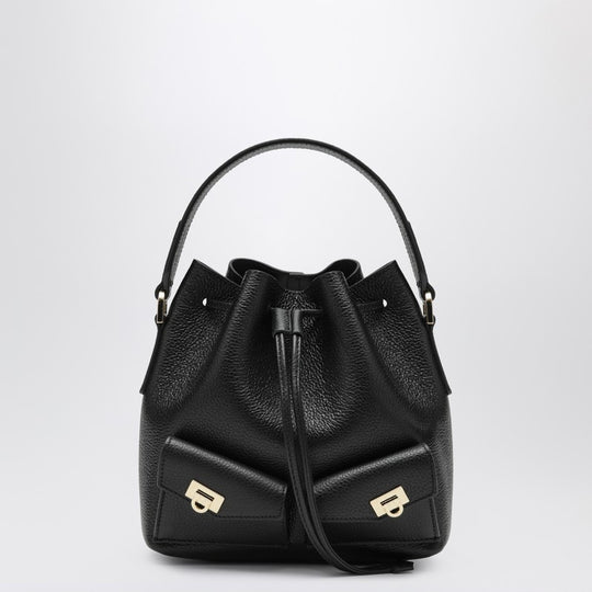 Black Multipocket Bucket Bag In Hammered Leather