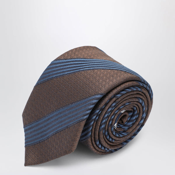 Silk Tie With Gancini Print And Diagonal Stripes