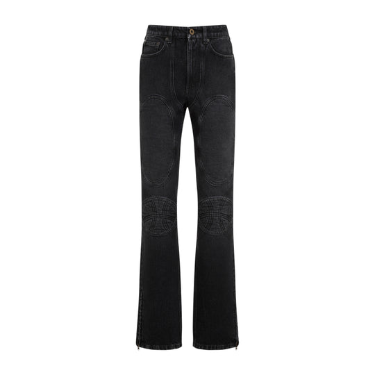 Vintage Black Cotton Denim Jeans With Lacing And Knee Bonding Detail