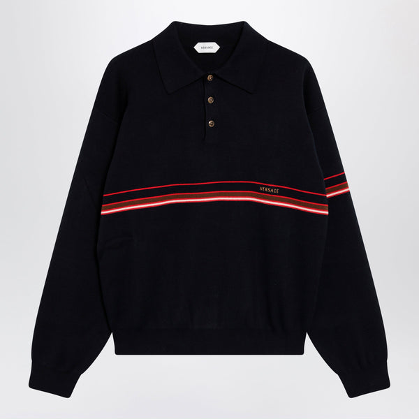 Navy Blue Cotton Knit Polo Shirt With Embroidered Logo
