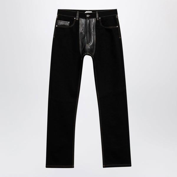 Straight-Leg Denim And Leather Jeans In Black