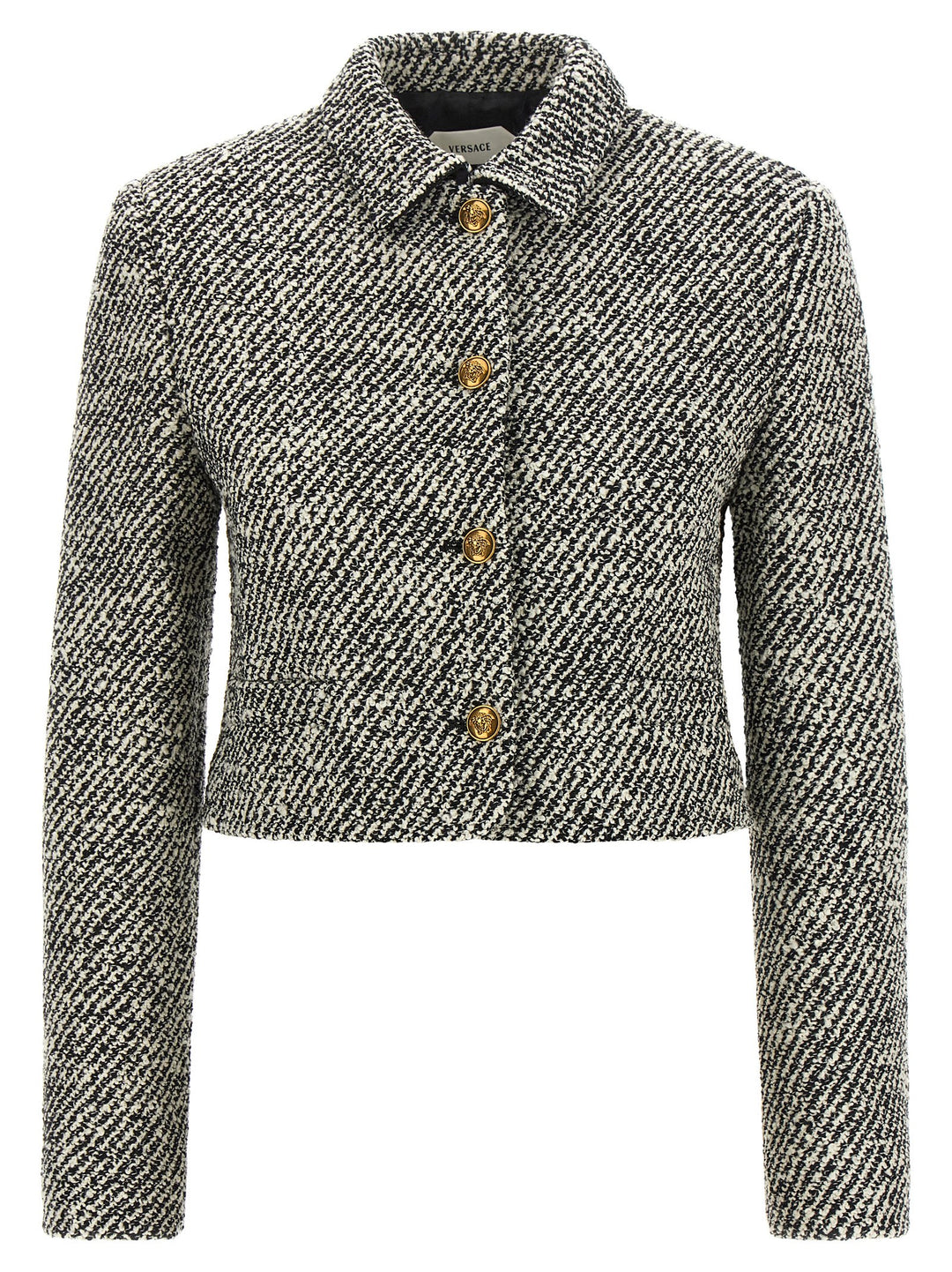 Versace Bouclé Wool Blend Blouson Jacket BlazerS - Bianco/Nero | 57982a7b15a234ef2a3a72b1c7d8db122eb1efb7