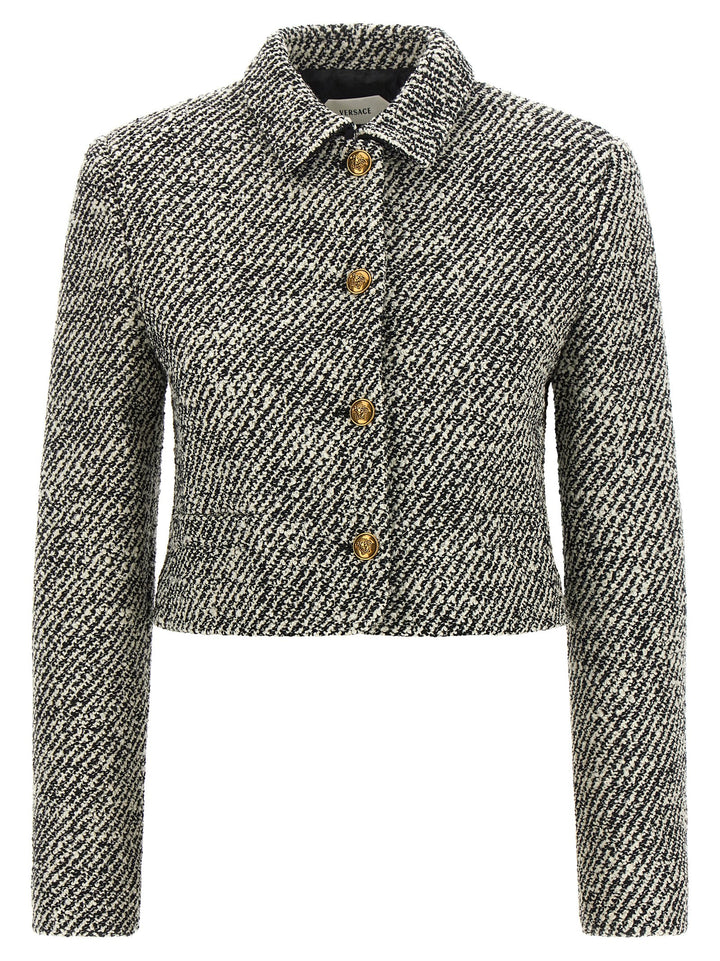 Versace Bouclé Wool Blend Blouson Jacket BlazerS - Bianco/Nero | 57982a7b15a234ef2a3a72b1c7d8db122eb1efb7
