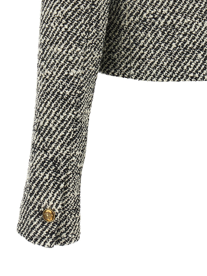Versace Bouclé Wool Blend Blouson Jacket BlazerS - Bianco/Nero | a038a2e540104099632942bac550de9796d19fab