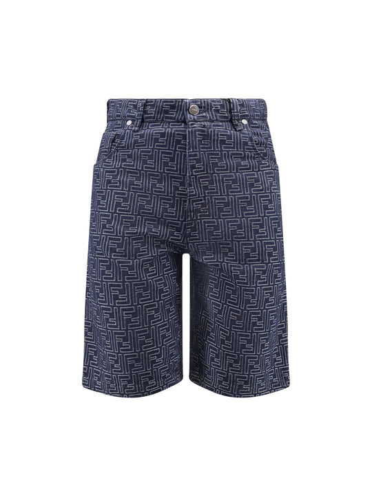Denim Bermuda Shorts With All-Over Ff Logo