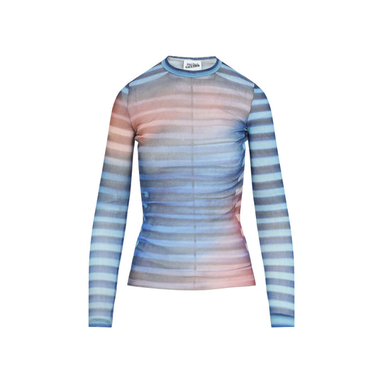 Light Blue Mesh Printed "Air" Long Sleeves Top