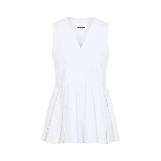 White Sleveless A-Line Pleated Cotton Top