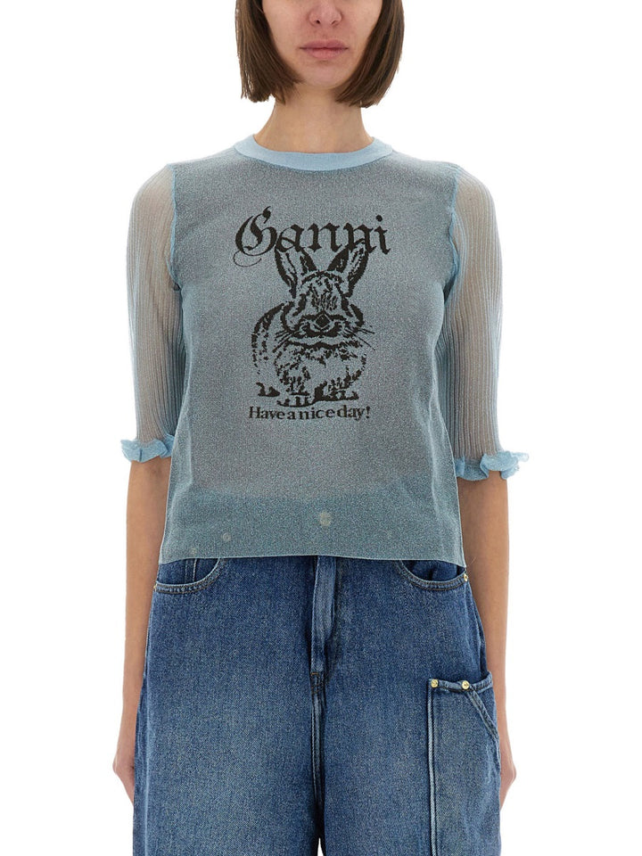 Ganni Top - Bianco, Azzurro | Wanan Luxury