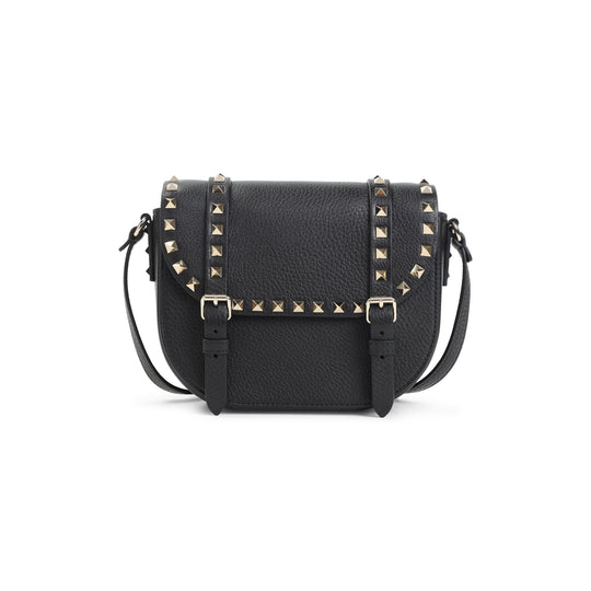 Black Calf Leather Rockstud Small Messenger Shoulder Bag