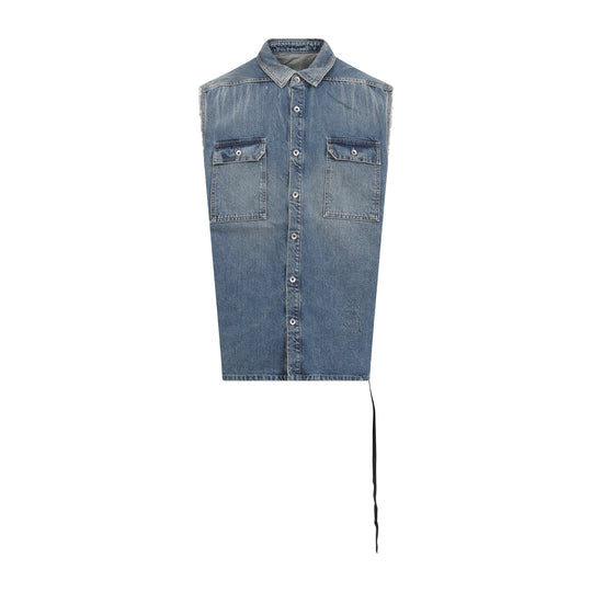 Washed Indigo Blue Cotton Sleeveless Tommy Jumbo Vest