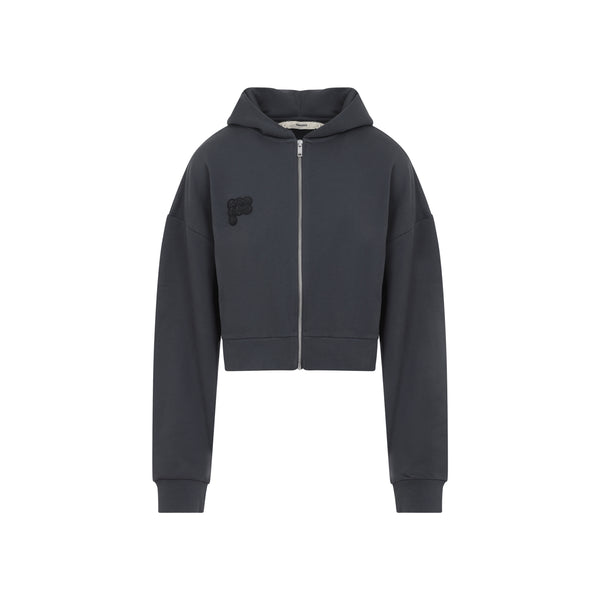 Black Cropped Zip Up Cotton Hoodie