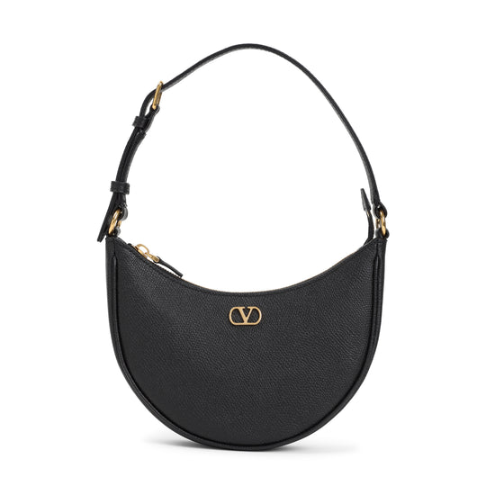 Black Grained Calf Leather Mini Hobo V Logo Signature Handbag