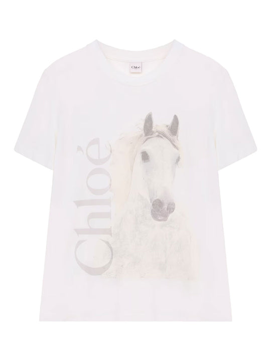 T-Shirt In Jersey Di Cotone Con Stampa Sbiadita Cavallo