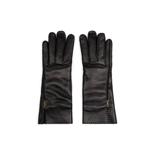 Black Leather Ysl Rivet Gloves