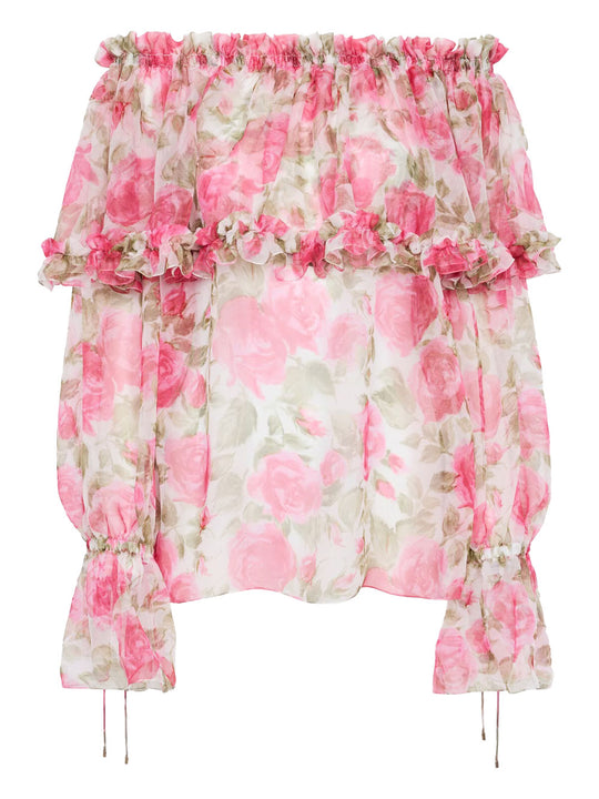 Top Fluido A Spalla Scoperta Con Maniche A Sbuffo In Mussola Di Seta