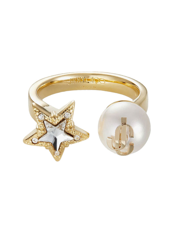 Anello In Metallo Dorato Con Perla E Stella Tempestata Di Cristalli