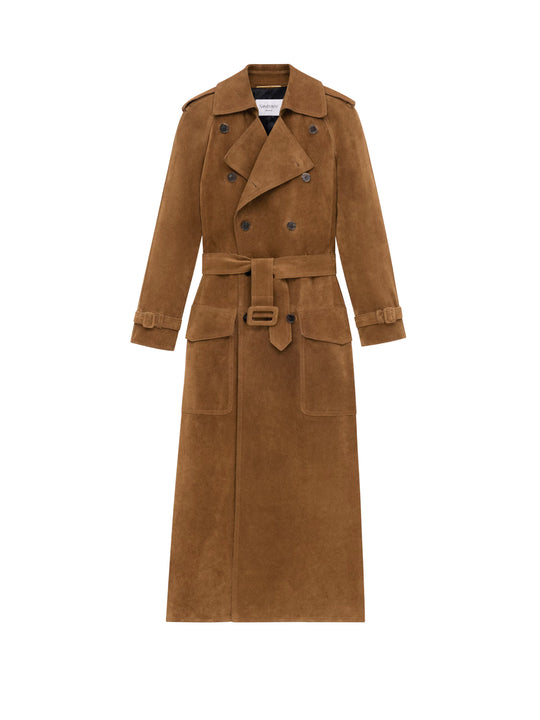 Long Double-Breasted Suede Trench Coat