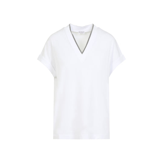 White V-Neck Monile Cotton T-Shirt