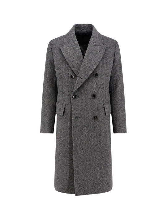 Double-Breasted Wool Coat With Herringbone Motif