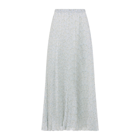 White Plisse Printed Silk Midi Skirt