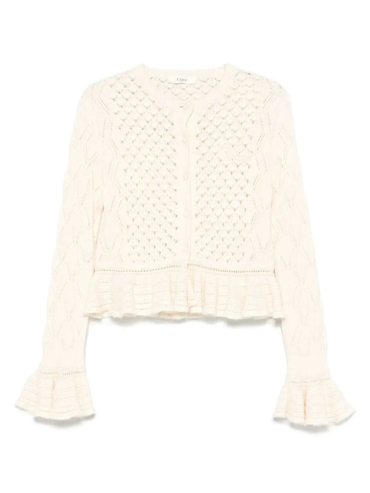 Cardigan Crop Con Volant In Maglia Di Cotone, Alpaca E Seta