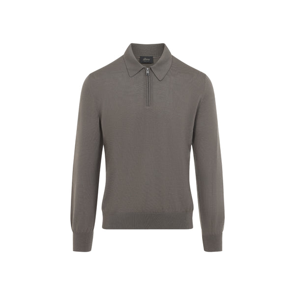 Cream Wool Long Sleeves Zip Polo
