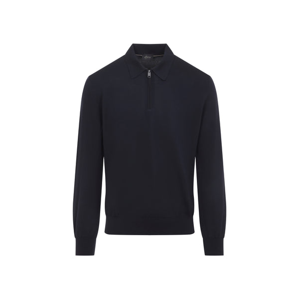 Midnight Blue Wool Long Sleeves Zip Polo