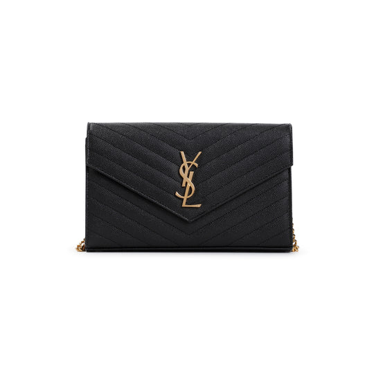 Black Matelasse Grained Calf Leather Ysl Chain Wallet
