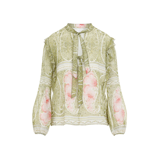 Green And Pink Printed Silk Blouse