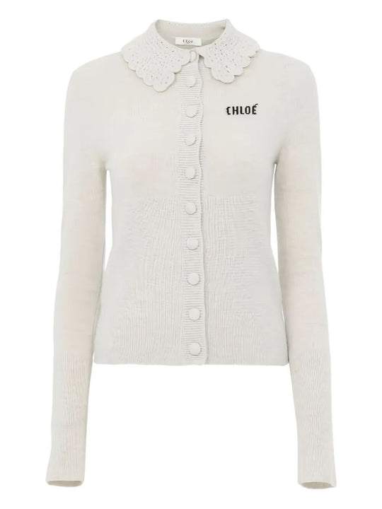 Cardigan In Lana Con Colletto Crochet