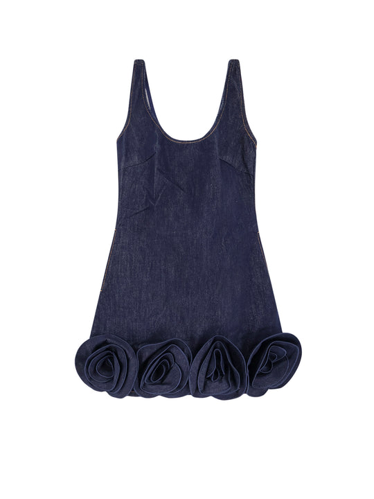 Denim Mini Dress With 3d Flowers