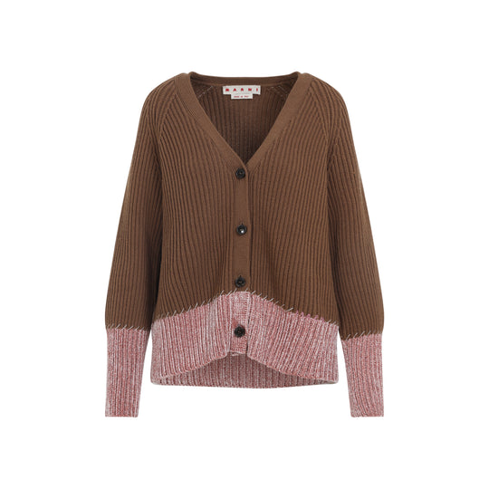 Brown V Neck Bicolor Virgin Wool Cardigan