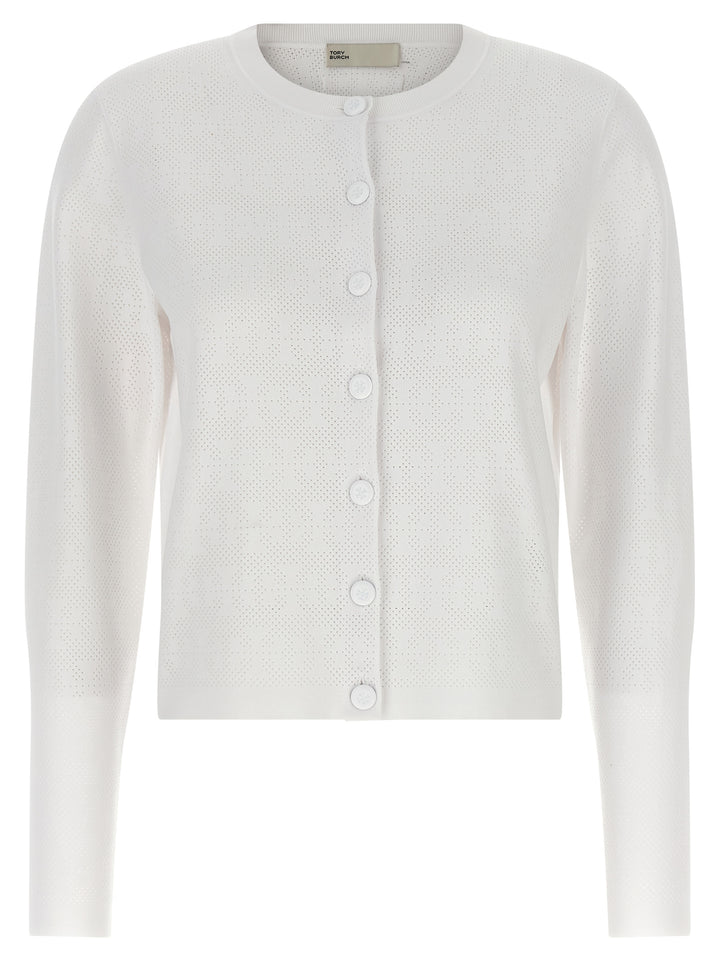 Tory Burch Pointelle Viscose Cardigan Maglioni - Bianco | c4d43c83ade5c7faa662f86d404c6b1ab049024a