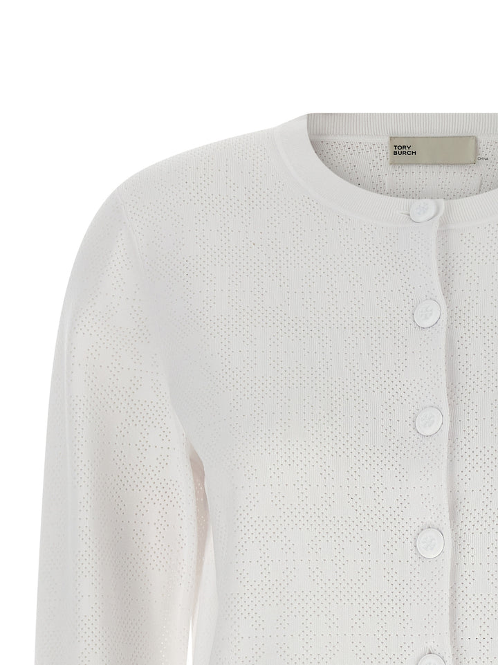 Tory Burch Pointelle Viscose Cardigan Maglioni - Bianco | 97de85e1b39588bd822ee92c64734b19dec0d3ed