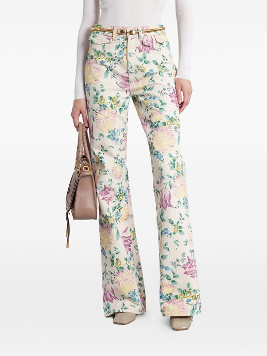 Flare Denim Jeans With All-Over Flowers Print