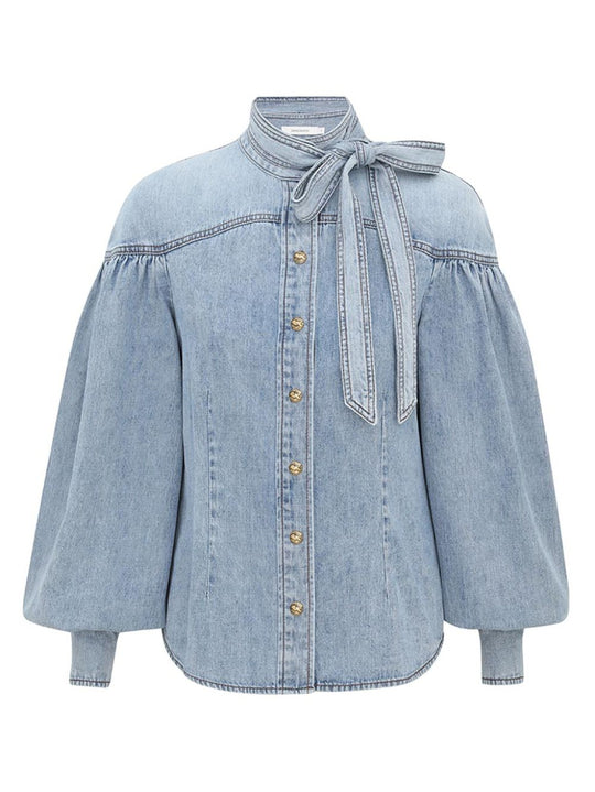 Denim Tie Neck Blouse