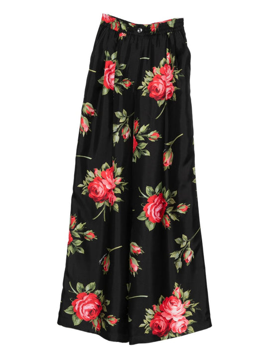 Roses Bouquet Print Silk Trousers