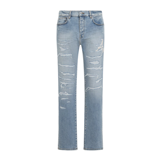 Worn Slate Blue Cotton Repaired Slim Jeans
