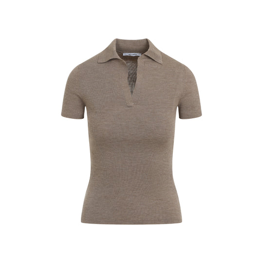 Tobacco Light Brown Virgin Wool Albero Knit Ribbed Polo
