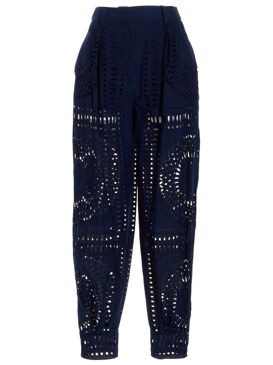 Embroidered Cotton Pantaloni Blu