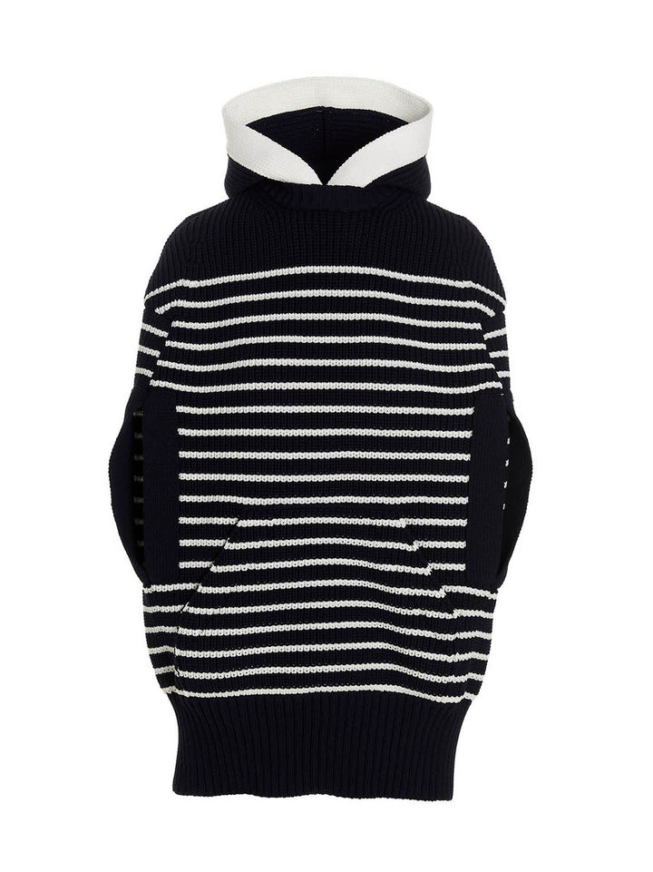 Sacai Striped Hooded Cape Mantelle - Blu | 397f5986541fef765afe5d5bf0ed166e29bc9853