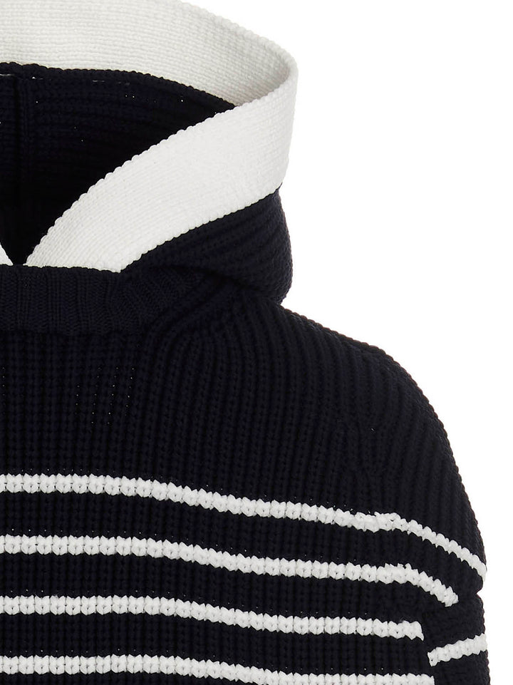 Sacai Striped Hooded Cape Mantelle - Blu | c87059790f483de1410fb14f646af3581657af34
