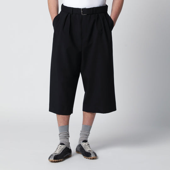 Black Cropped Wide Trousers In Wool Blend