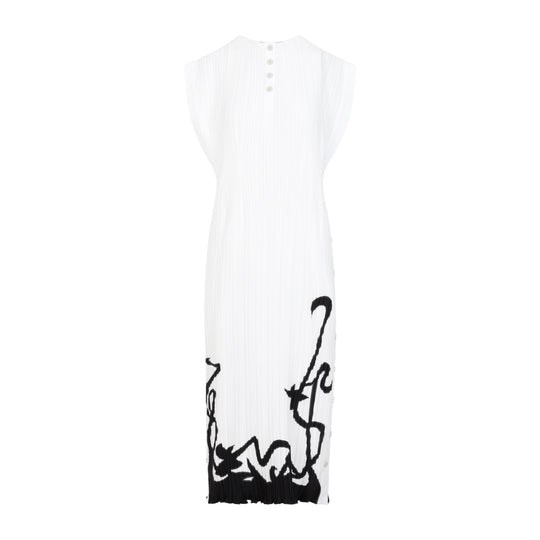 Off White Sleeveless Pleated Polyester Midi Dress