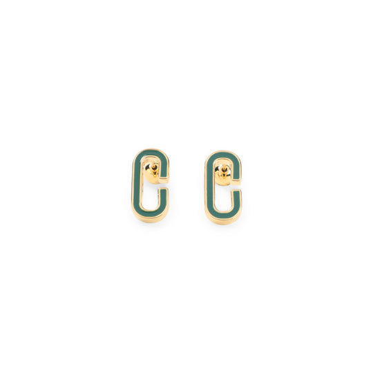 Green And Gold Enamel C Link Stud Brass Earrings