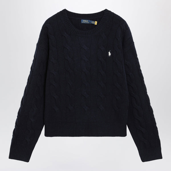 Crewneck Cable-Knit Wool And Cashmere Sweater In Navy