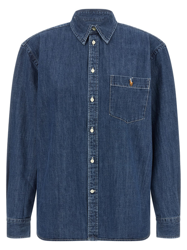 Denim Shirt With Logo Embroidery Camicie Blu