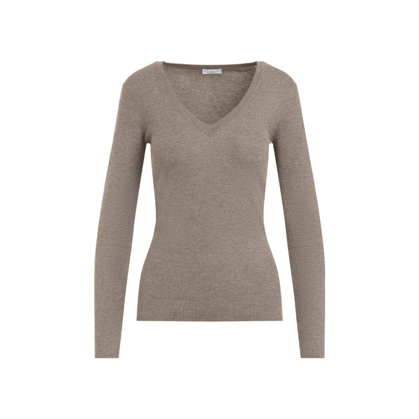 Brown Ribbed V-Neck Sweater