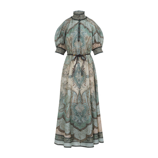 Tapestry Teal Multicolor Silk Wanderlust Billow Dress