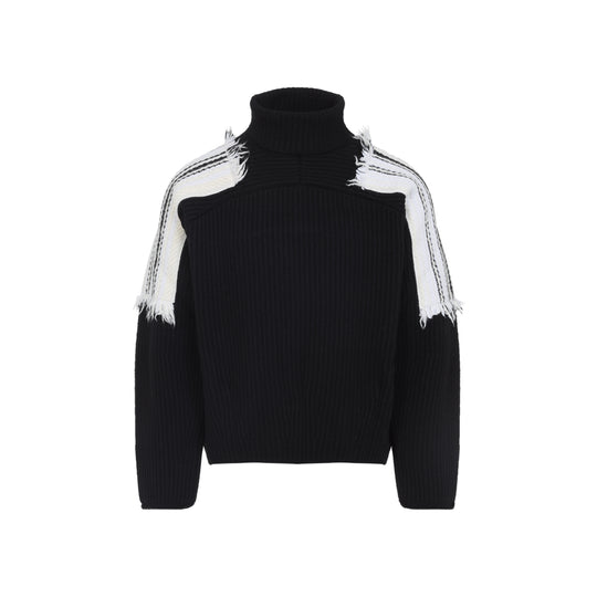 Black Virgin Wool Jacquard Stripe Turtle Neck